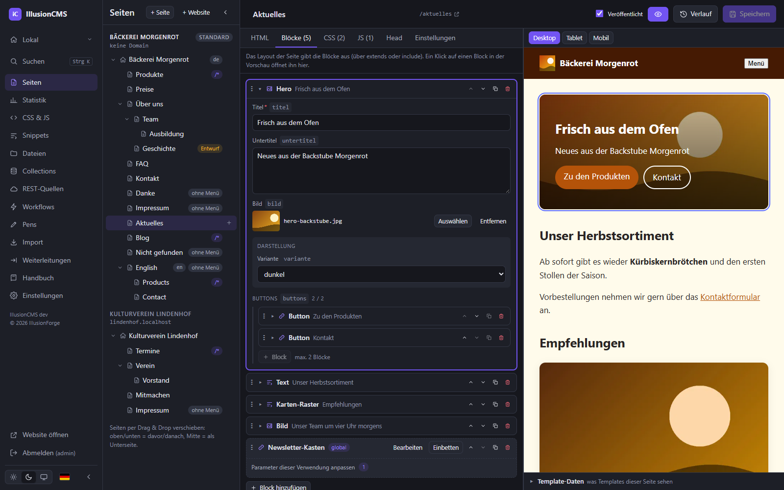 IllusionCMS-Seitenbaukasten: Formular eines Blocks mit Parametern und Slots neben der Live-Vorschau
