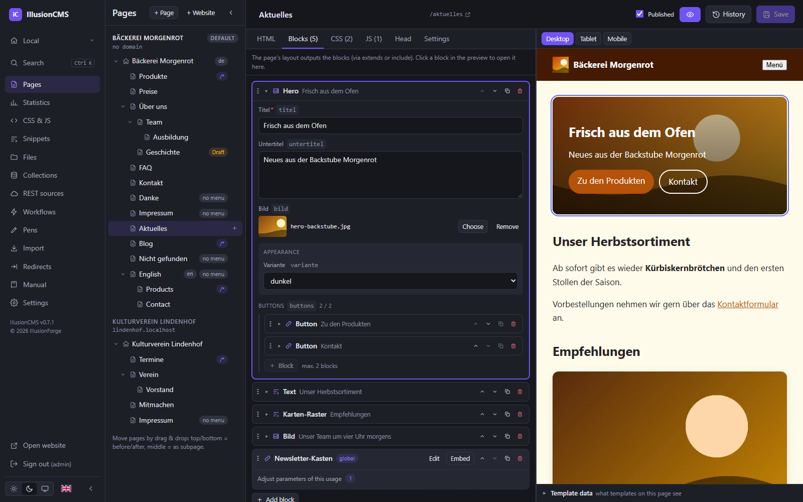 IllusionCMS page builder: block form with parameters and slots next to the live preview