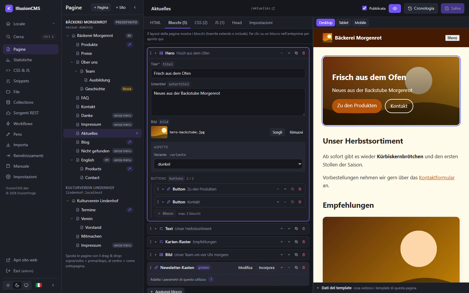 Page builder IllusionCMS: modulo di un blocco con parametri e slot accanto all’anteprima live