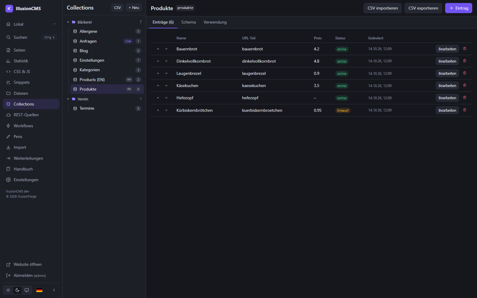 IllusionCMS-Collections: Einträge einer Produkt-Collection mit Status und Aktionen