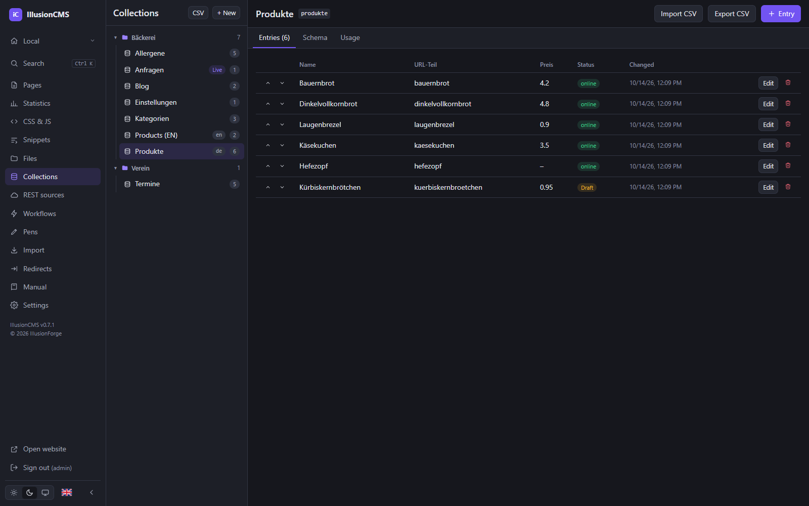IllusionCMS collections: entries of a product collection with status and actions