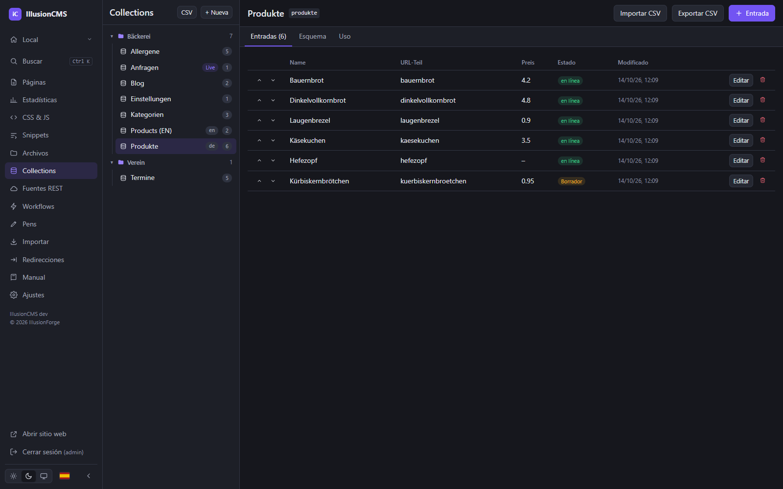 Collections de IllusionCMS: entradas de una collection de productos con estado y acciones