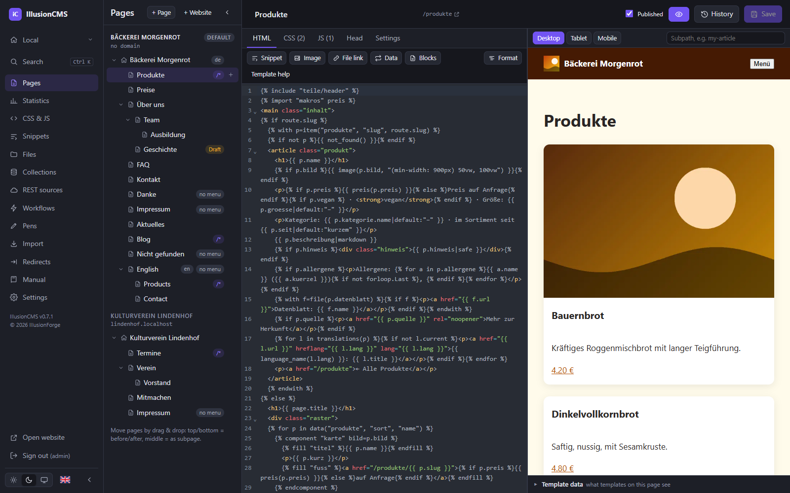 IllusionCMS page editor: page tree, code editor with template code and live preview