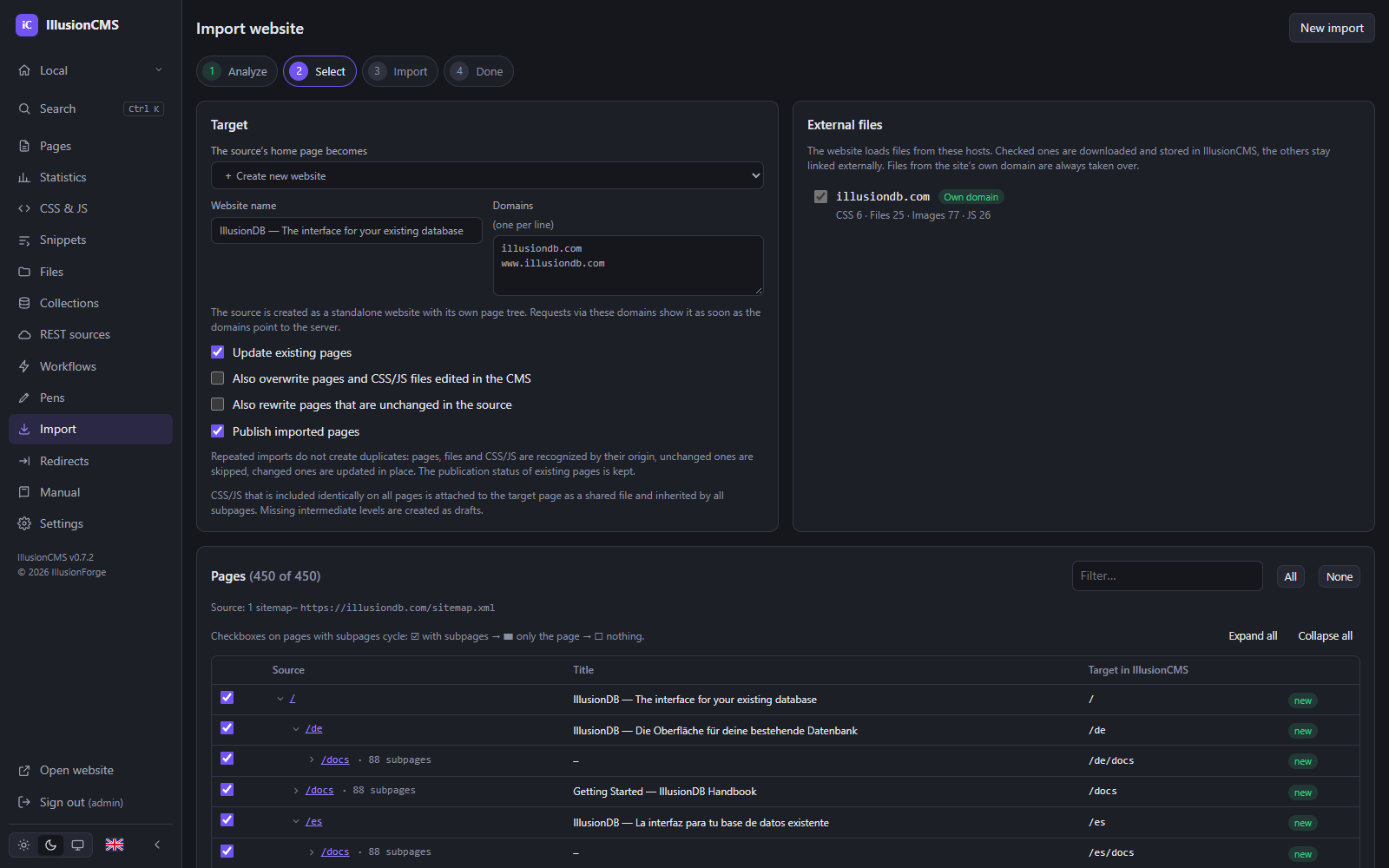 IllusionCMS website import: analysis of illusiondb.com with 450 pages from the sitemap, target website and external files – before importing