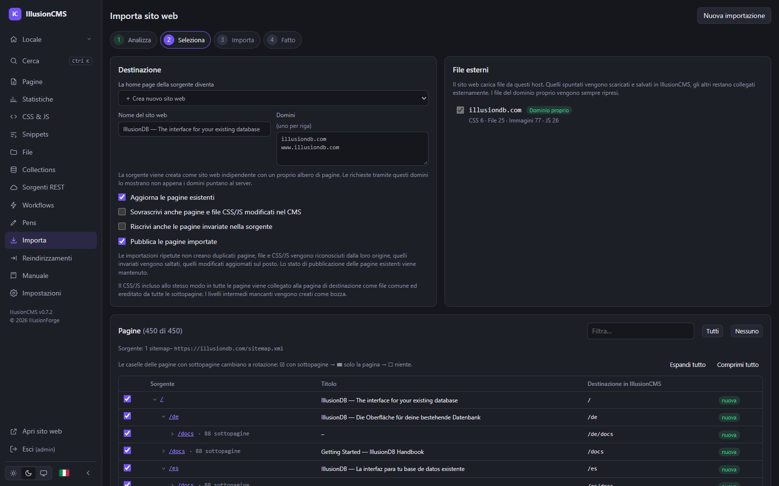 Import di siti IllusionCMS: analisi di illusiondb.com con 450 pagine dalla sitemap, sito di destinazione e file esterni – prima dell’import