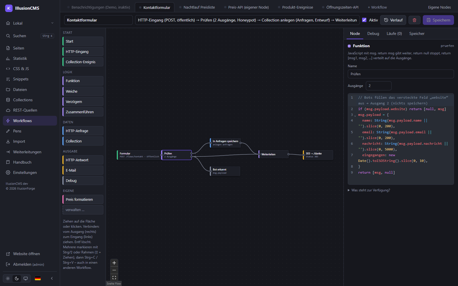IllusionCMS-Workflow-Editor: Ablauf eines Kontaktformulars als Nodes, daneben das JavaScript einer Function-Node