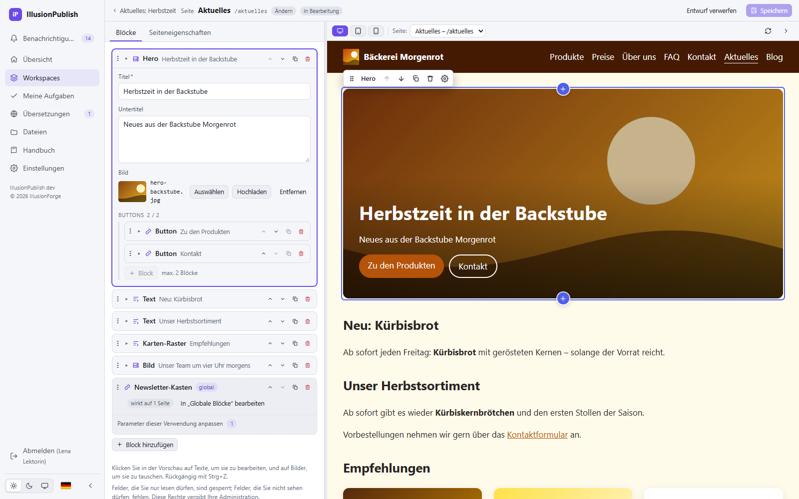 Visueller Editor von IllusionPublish: ausgewählter Hero-Block mit Werkzeugleiste und Einfügepunkten auf der Seite, Formular in der Seitenleiste